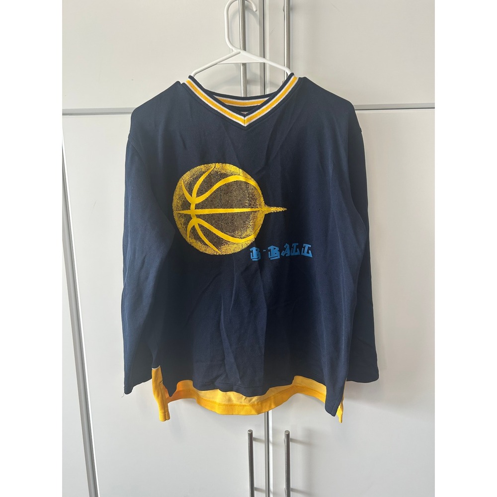 Vintage B-Ball Basketball Graphic Long Sleeve Jersey Shirt Navy‎ Yellow V-Neck